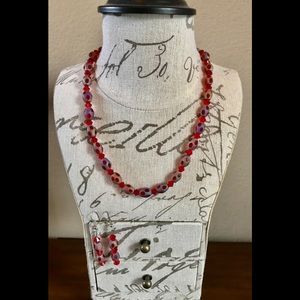 Red Beaded Necklace & Earrings